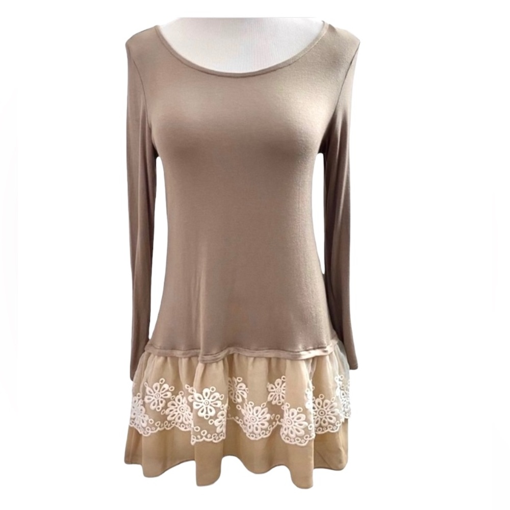 Dancing with Daisies Mocha Tunic Dress Floral Lace Ruffle